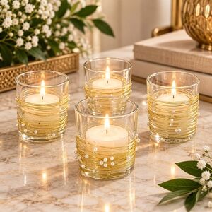 Set of 4 Glass Tea Light Candle Holders with Tea Lights 2.5” Tall NWOT Clear
